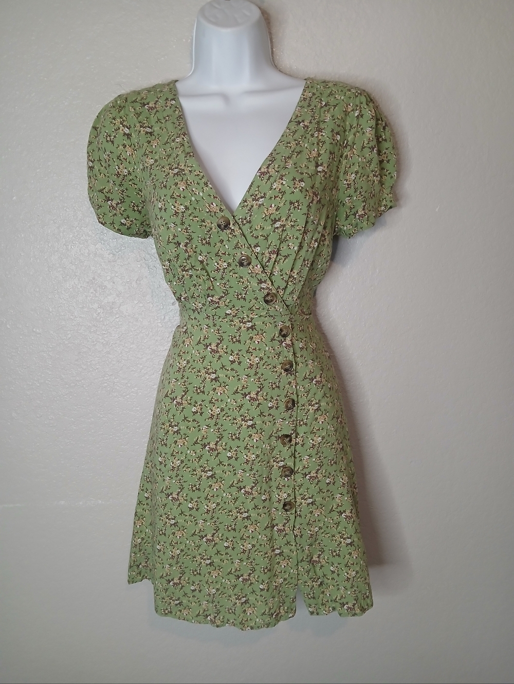 Anthropologie Blue Rain Green Floral Wrap-Style Mini Dress Vintage Size Small